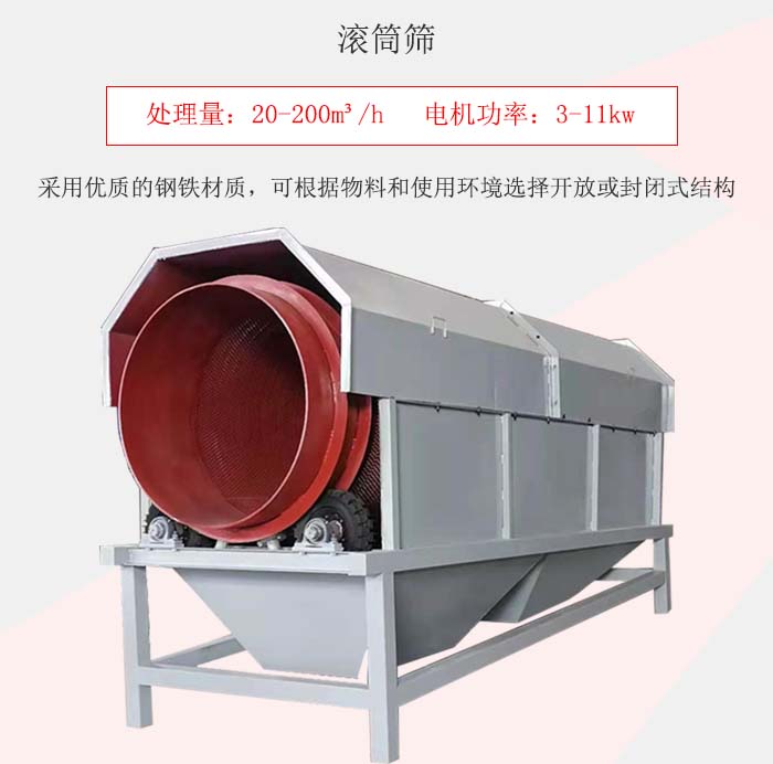 滾筒篩采用優質的鋼鐵材質，可根據物料和使用環境選擇開放或封閉式結構