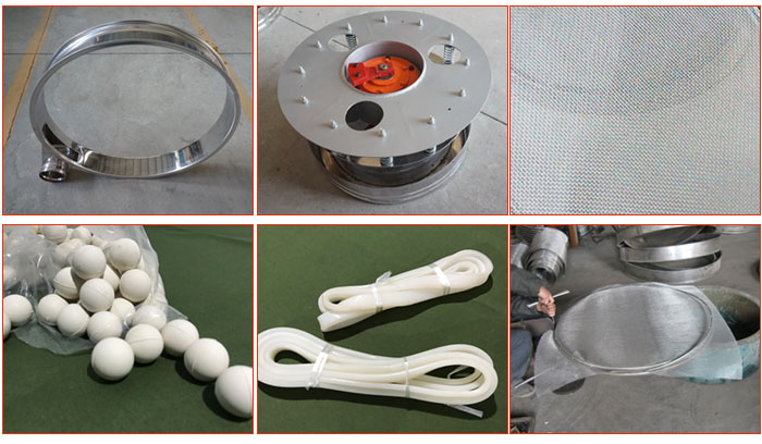 800型全不銹鋼振動(dòng)篩配件有：振動(dòng)篩篩框，電機(jī)，不銹鋼篩網(wǎng)等。