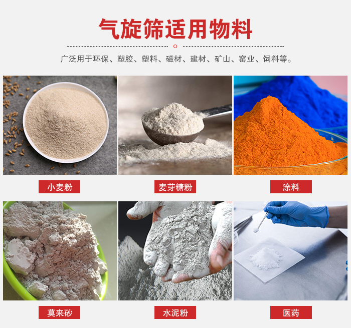 氣旋篩適用物料：小麥粉，麥芽糖粉，涂料，等粉狀物料。