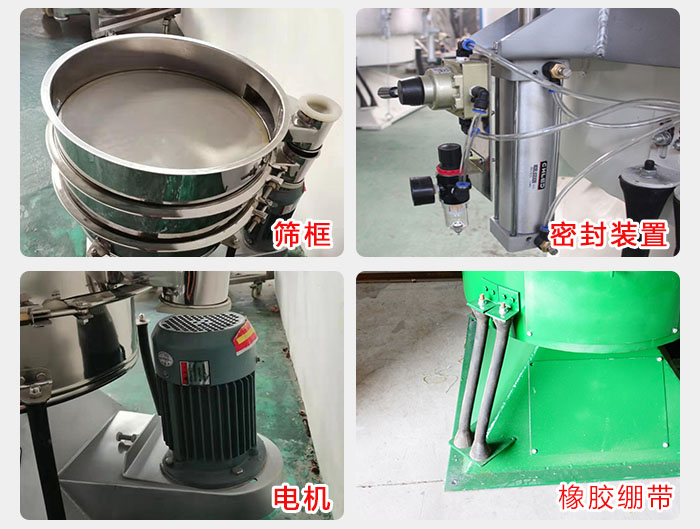 搖擺篩結(jié)構(gòu)：電機(jī)，橡膠繃帶，篩框，密封裝置等。